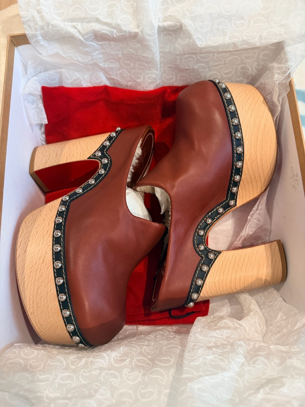 Christian Louboutin Burgundy Leather Studded Platform Clog - Picture 3 of 8